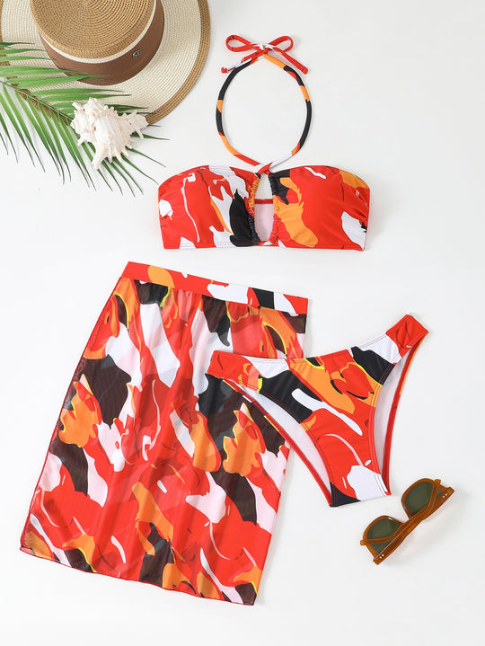 Damen Bunt bedrucktes Bikini-Set mit luftigem Überrock EB
