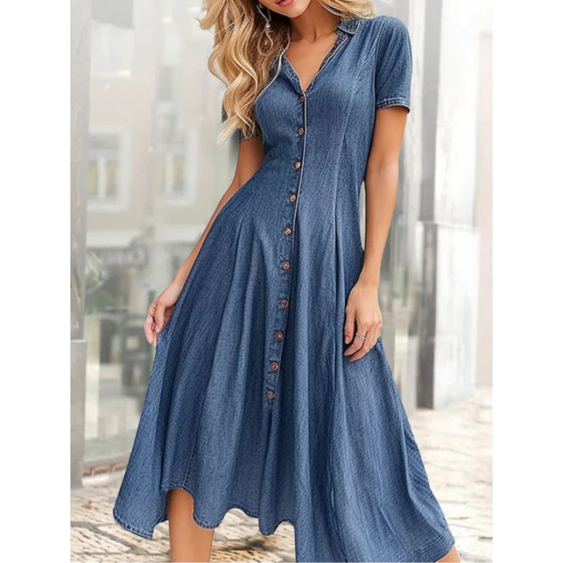 Damen Knopf-Up Denim Midi Kleid EB
