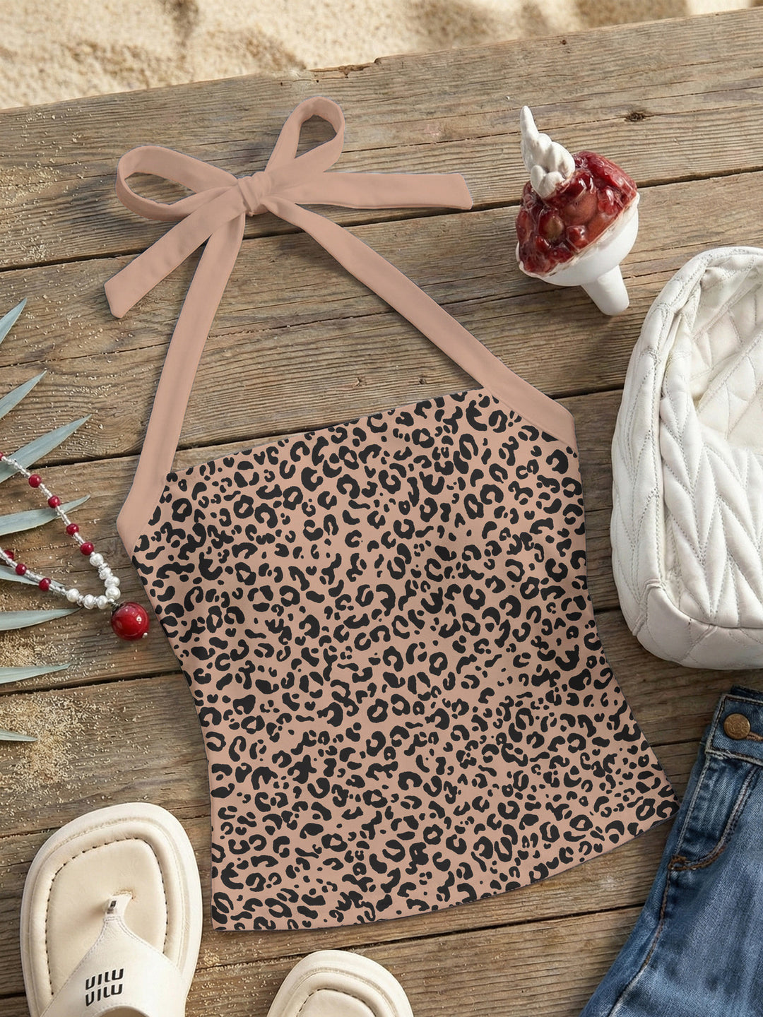Damen Neckholder Top mit verspieltem Leopardenmuster EB