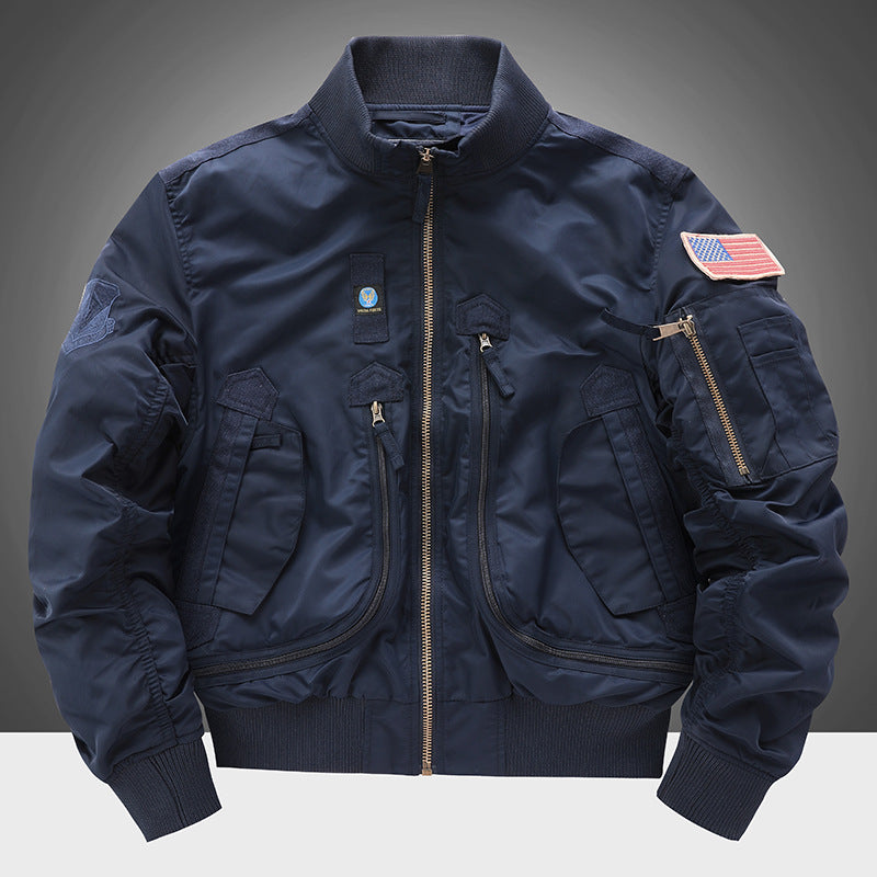 Men's  pilot-style cropped utility flight bomber with multi-zip pockets and ribbed collar EB