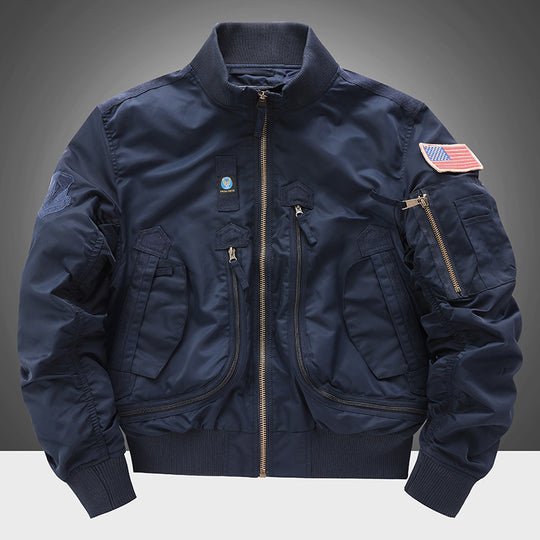 Men's  pilot-style cropped utility flight bomber with multi-zip pockets and ribbed collar EB