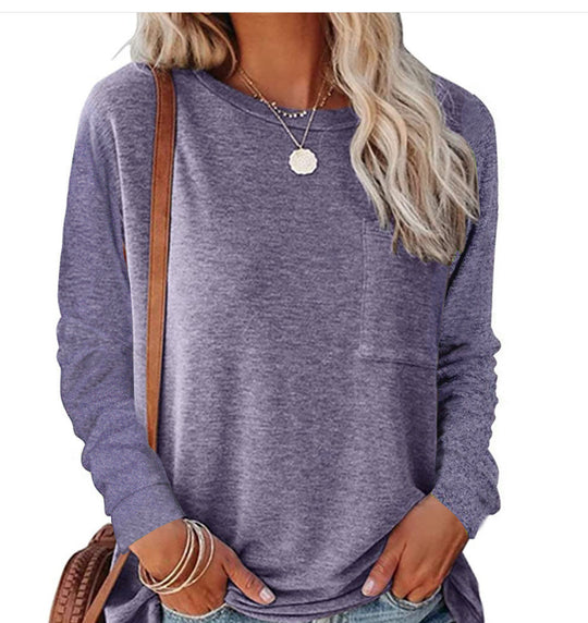 Damen lässiges Langarmshirt mit Taschen und Rundhalsausschnitt EB