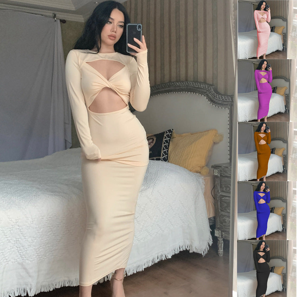 Damen Figurbetontes Cut-Out Kleid mit langen Ärmeln EB
