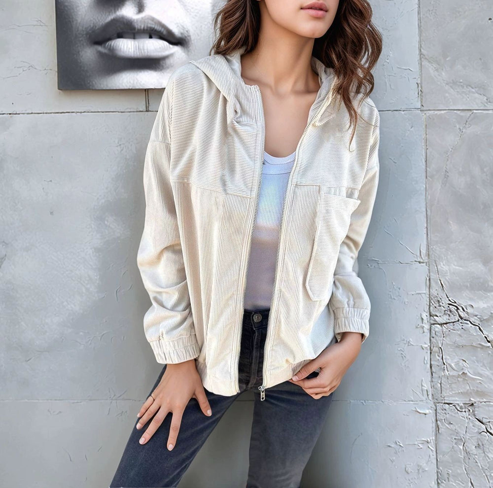 Damen lässige Cordjacke im modernen Stil mit Reißverschluss und praktischem Kragen EB