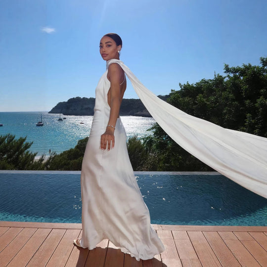 Damen Elegantes Abendkleid mit fließendem Design und schulterfreier Kapuze EB