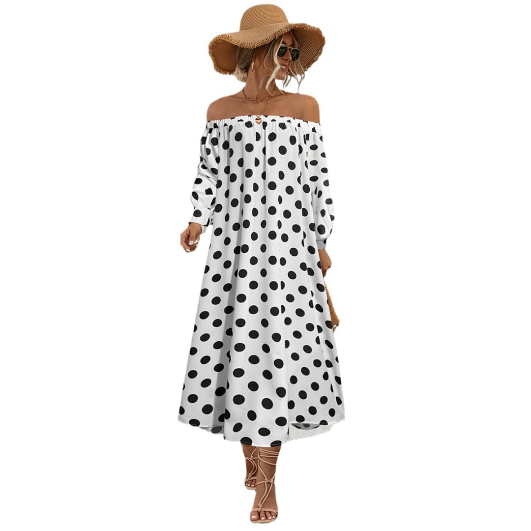 Damen Off-Shoulder Maxikleid mit Polka-Dots und elastischem Bund EB