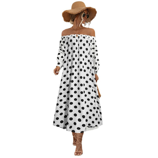 Damen Off-Shoulder Maxikleid mit Polka-Dots und elastischem Bund EB