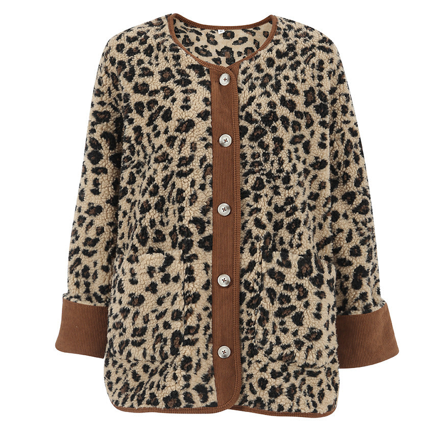 Damen Kuschelweiche Leopardmuster Jacke mit Knopfverschluss und hohem Kragen EB