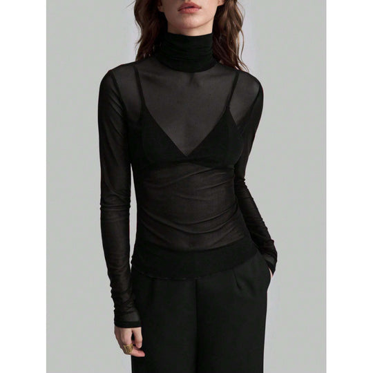 Damen Elegantes langärmliges transparentes Oberteil mit hohem Kragen EB