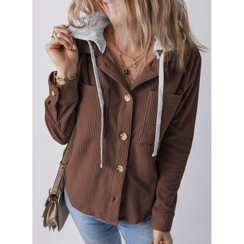 Damen lässige Hemdjacket mit Kapuze und seitlichen Taschen EB