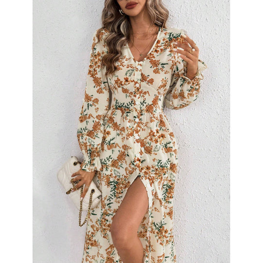 Damen Maxi-Kleid mit floralen Mustern und langem Arm EB