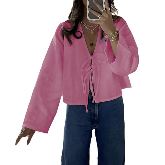 Damen cropped Bluse mit Bindeband und lockerer Passform EB