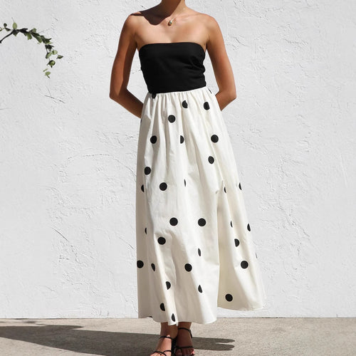 Damen Maxikleid mit trägerlosem Oberteil und verspieltem Punkten-Muster EB
