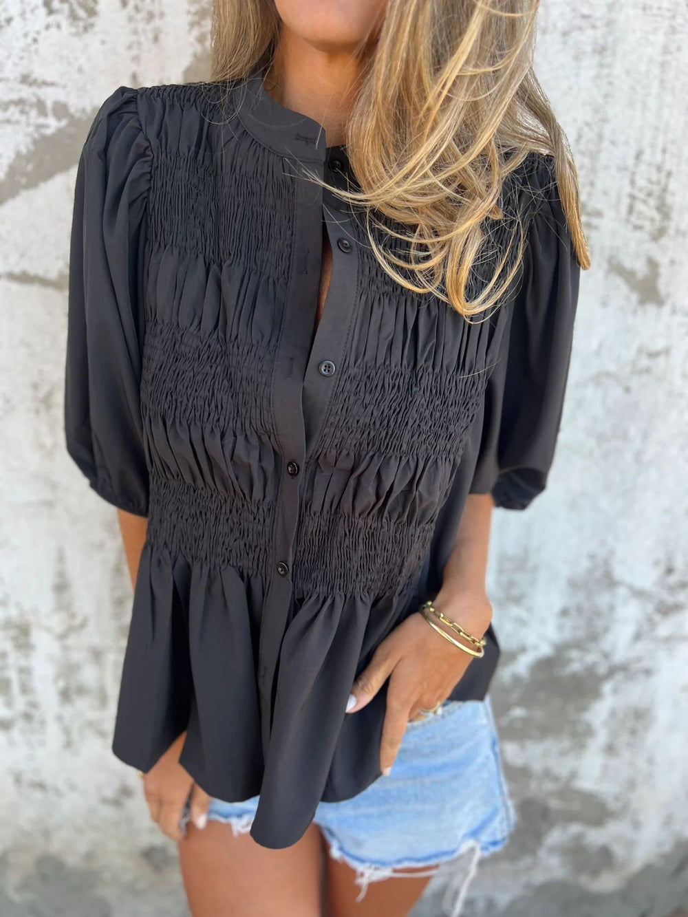 Damen Bluse mit Raffungen und Knopfleiste EB
