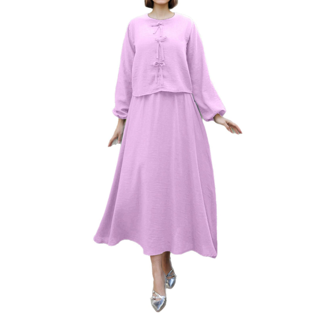 Damen Langes Zweiteiliges Maxikleid mit Überwurf, Rundhals und Zierknoten EB
