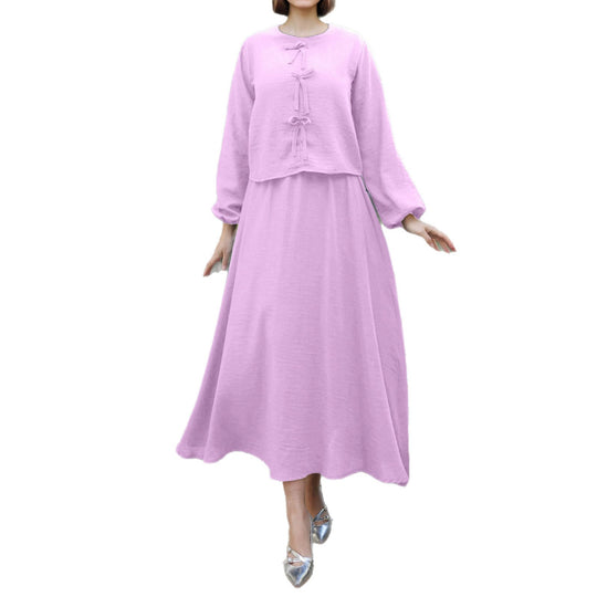 Damen Langes Zweiteiliges Maxikleid mit Überwurf, Rundhals und Zierknoten EB