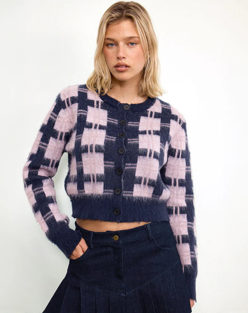 Damen cropped Strickjacke mit modernem Karomuster und knöpfbarem Design EB