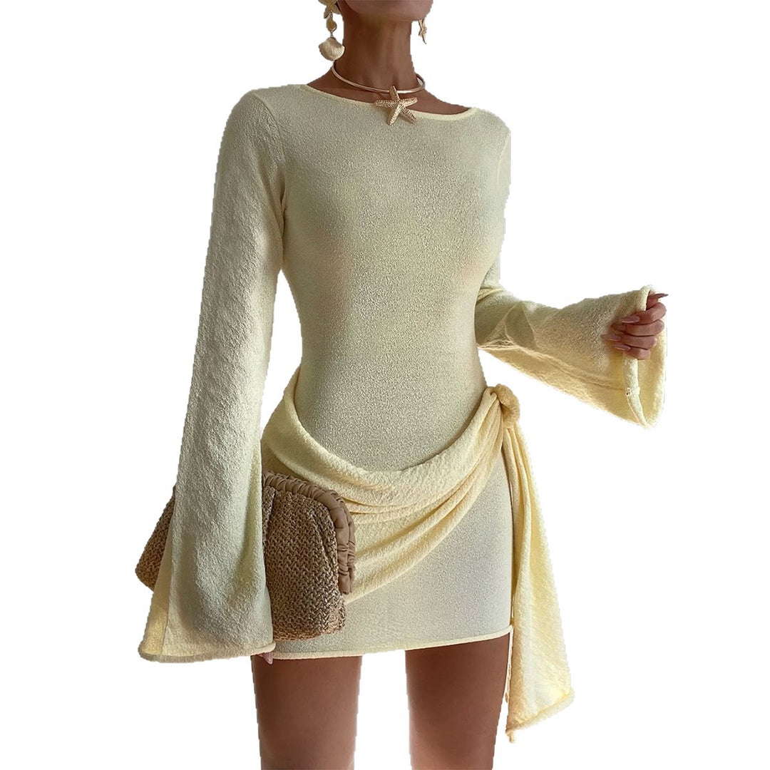 Damen nan elegantes Terry-Minikleid mit taillierter Silhouette, langen Ärmeln und seitlicher Drapé-Schleife EB