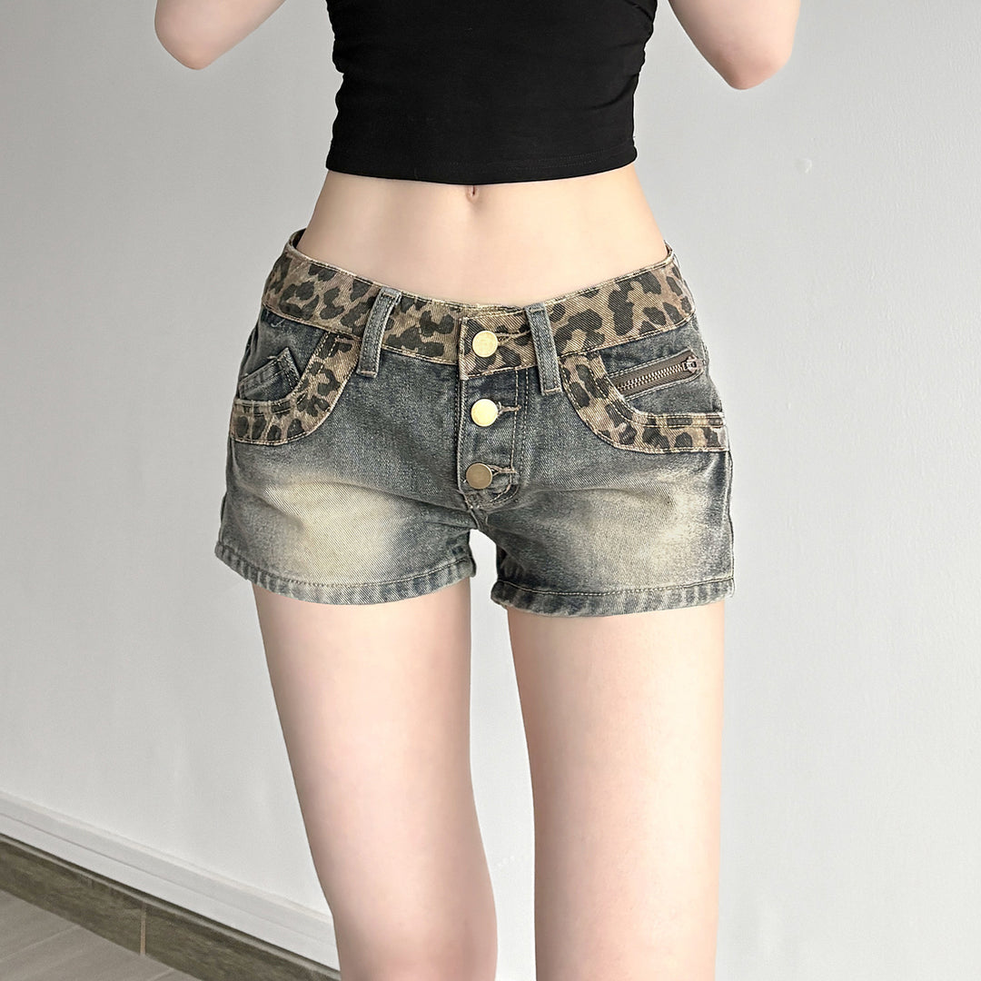 Damen Kurze Jeansshorts mit Leopardenmuster und gerafftem Bund EB