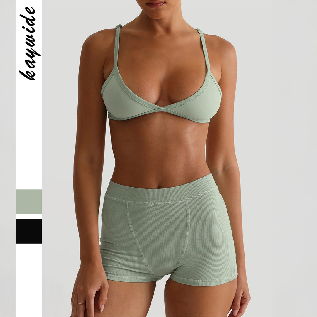 Damen Sport-Bustier und Shorts-Set mit hohem Bund EB