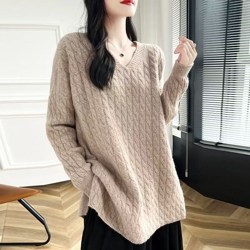 Damen Grobstrickpullover mit V-Ausschnitt und lässigem Schnitt EB