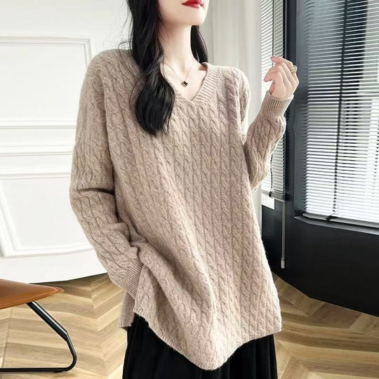 Damen Grobstrickpullover mit V-Ausschnitt und lässigem Schnitt EB