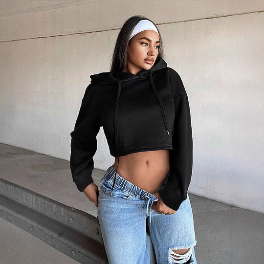 Damen kurzes Kapuzen-Sweatshirt Cropped-Hoodie mit Kordelzug gerippten Bündchen und lässiger Oversize-Passform Eichborn Berlin