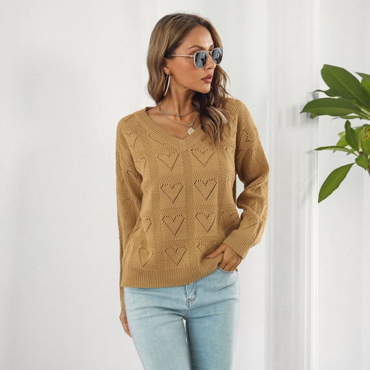 Damen modischer Strickpullover mit Herzmuster und V-Ausschnitt EB