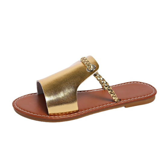 Damen Flache Sandalen mit geflochtenem Riemen und glänzender Oberfläche EB