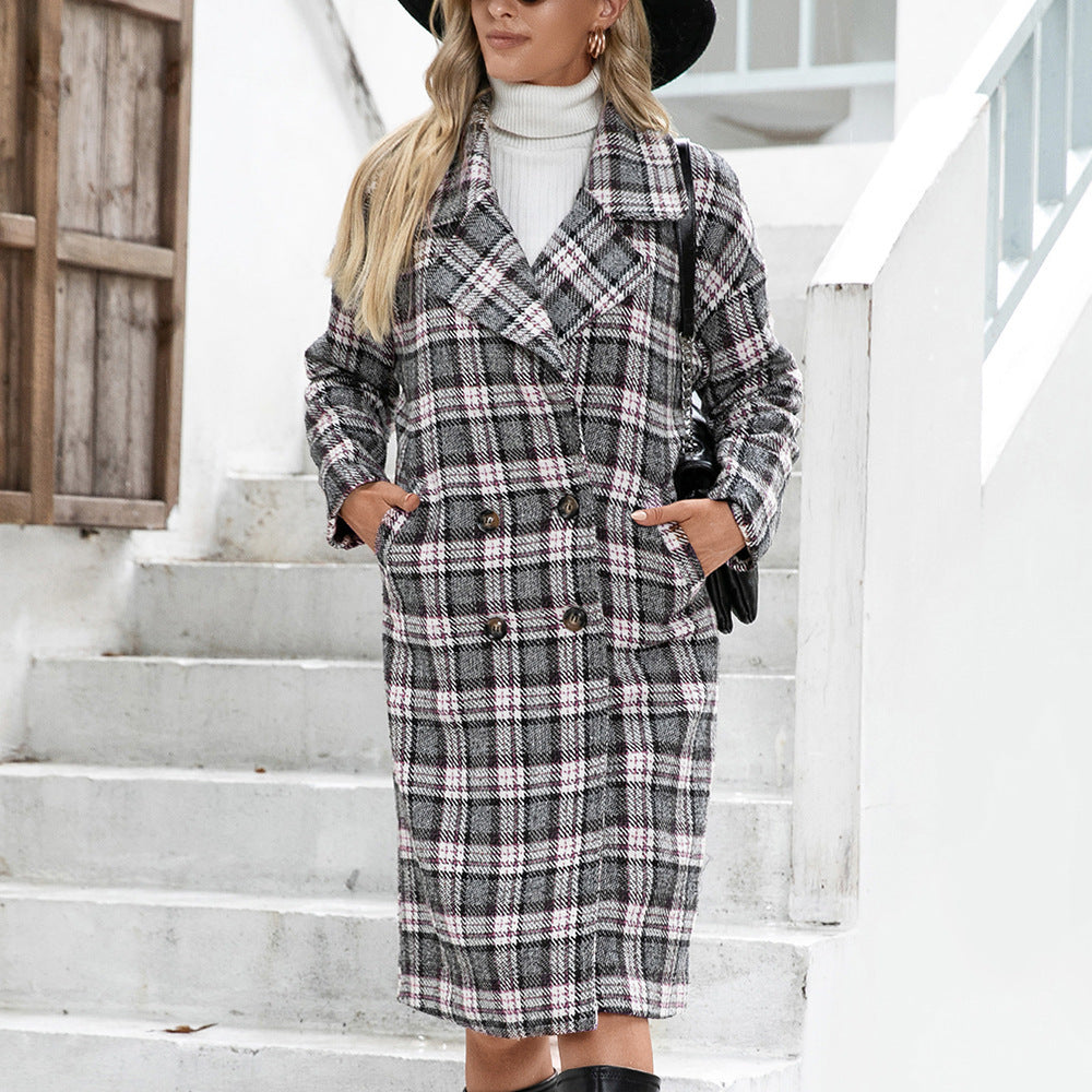 Damen Oversized Karo-Mantel im eleganten Double-Breasted Design EB