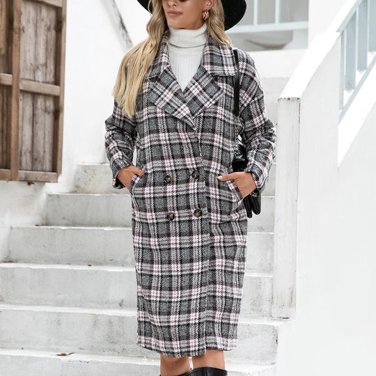 Damen Oversized Karo-Mantel im eleganten Double-Breasted Design EB