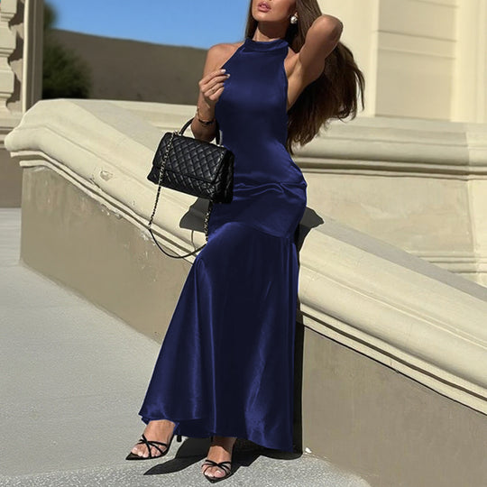 Damen Elegantes Maxikleid mit hohem Kragen und ausgestelltem Rock EB