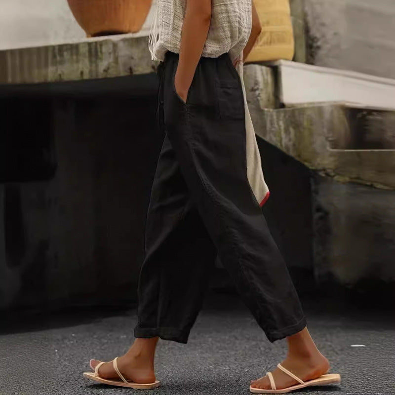 Damen lässige Leinenhose mit elastischem Bund und seitlichen Taschen EB
