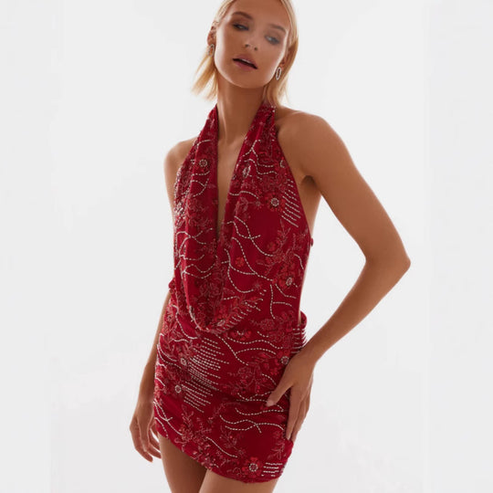 Damen Glamouröses Etuikleid mit tiefem V-Ausschnitt und besticktem Design EB