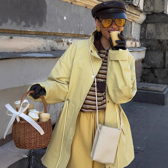 Damen Modische Regenjacke mit verstellbarem Taillenzug und praktischen Taschen EB