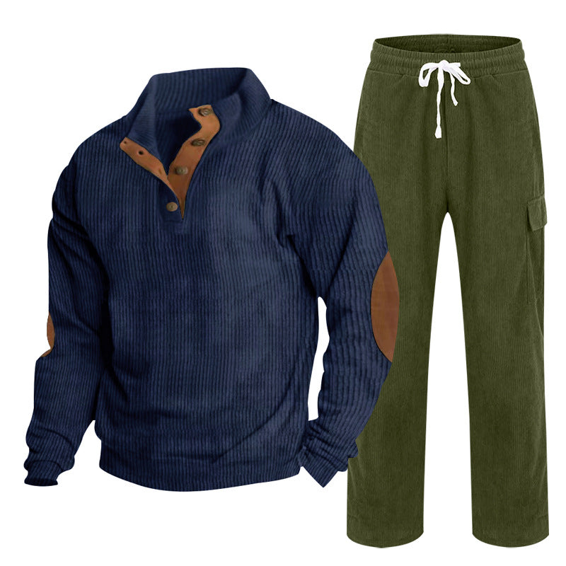 Herren nan strukturiertes Cord-Henley-Loungewear-Set mit Ellenbogenpatches und Cargo-Jogpant EB