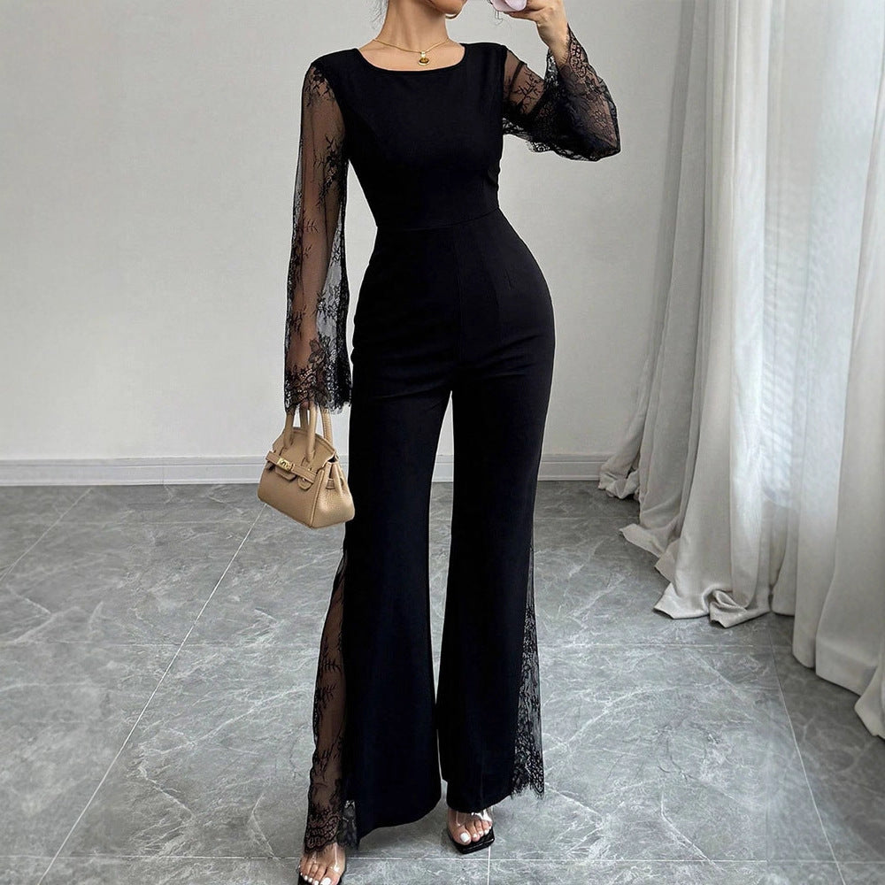Damen Eleganter Jumpsuit mit schimmernder Spitze und weitem Bein EB