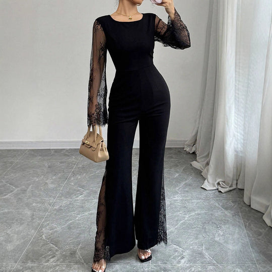 Damen Eleganter Jumpsuit mit schimmernder Spitze und weitem Bein EB