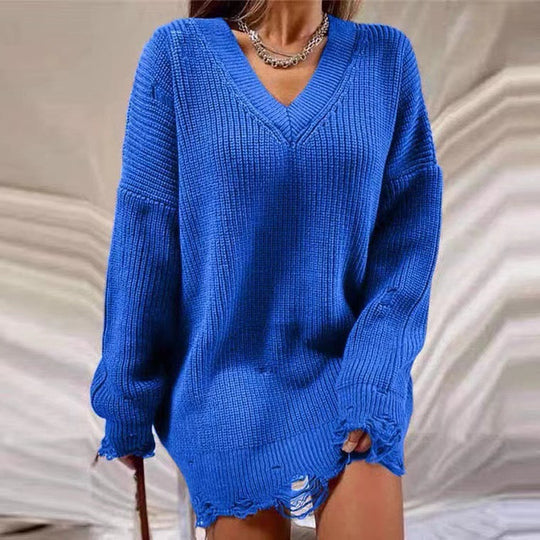Damen Grobstrick Pullover mit V-Ausschnitt und lässigem Schnitt EB