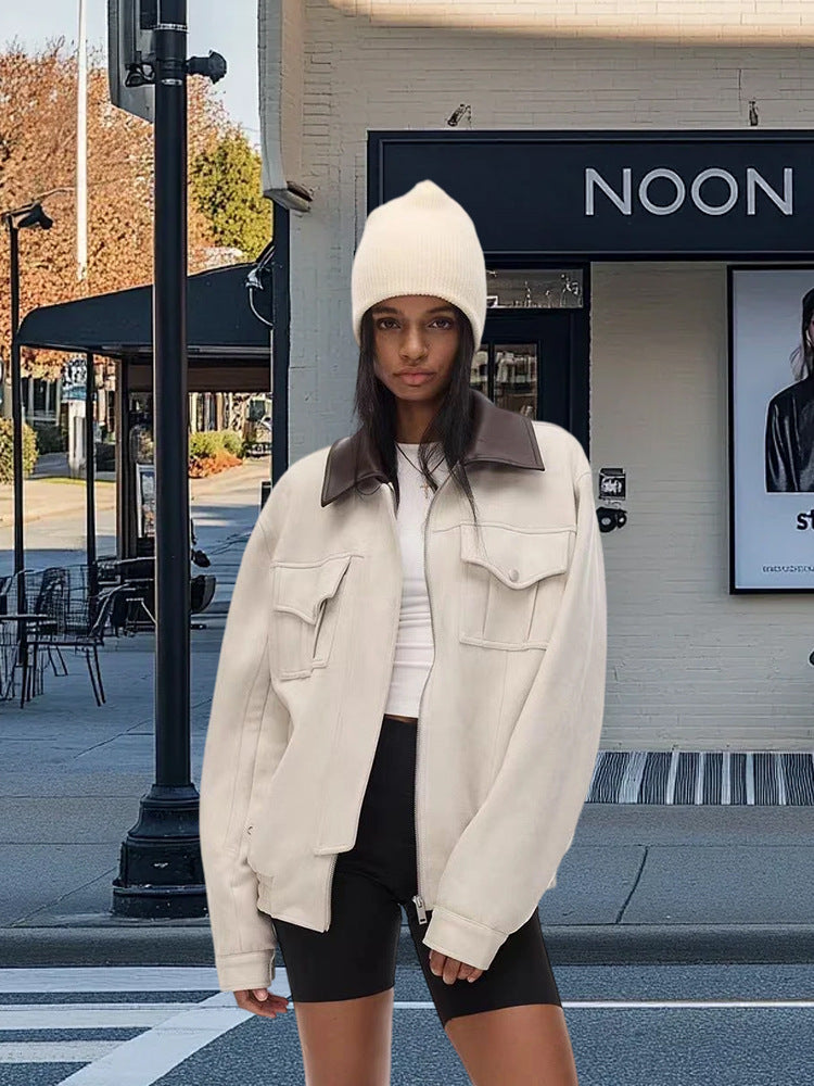 Damen Trendige Suede Jacke mit abnehmbarem Pelzkragen EB