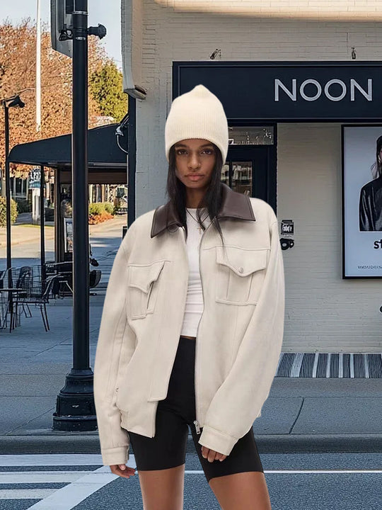 Damen Trendige Suede Jacke mit abnehmbarem Pelzkragen EB