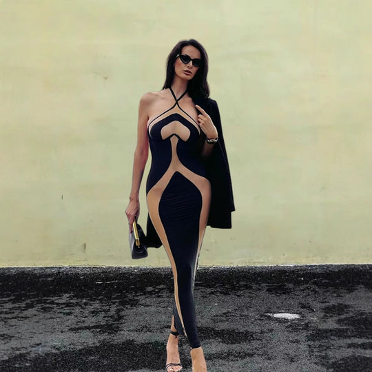Damen figurbetontes Abendkleid mit transparenten Einsätzen und raffinierten Cut-Out-Details EB