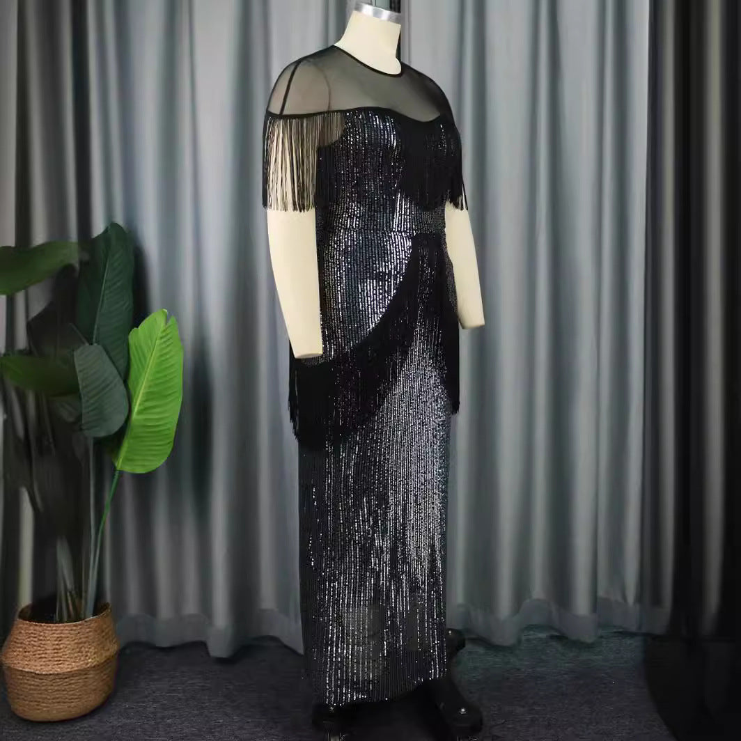 Damen Glamouröses Abendkleid mit Fransen und schimmerndem Obermaterial EB