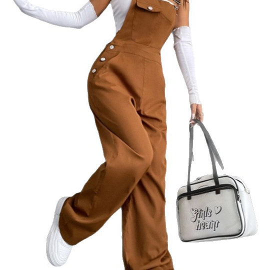 Damen lässige hochgeschnittene Latzhose mit weitem Bein, Knopfdetails und Brusttasche EB