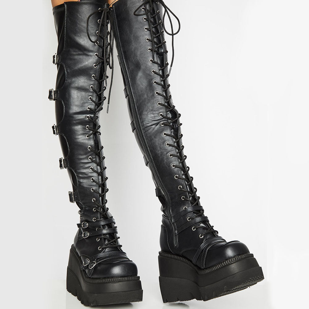 Damen Hochformatige Plateau-Stiefel mit modischem Reißverschluss und Schnür-Design EB