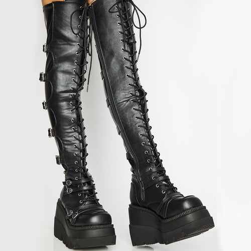 Damen Hochformatige Plateau-Stiefel mit modischem Reißverschluss und Schnür-Design EB