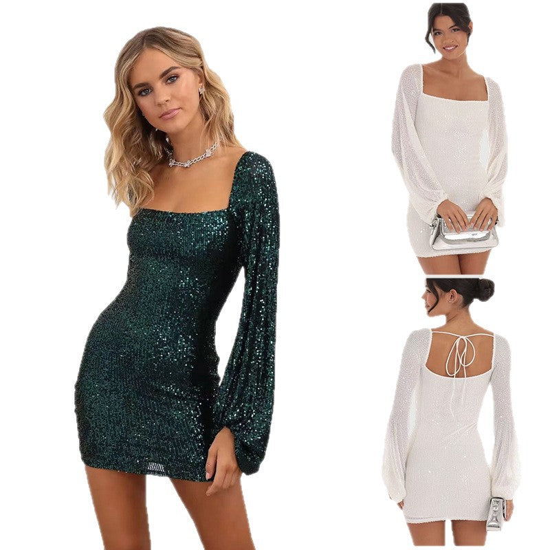 Damen Glamouröses Minikleid mit eleganten Puffärmeln und schimmernden Pailletten EB