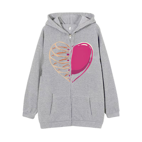 Damen nan Kapuzenjacke mit durchgehendem Reißverschluss und Rippenherz-Print EB