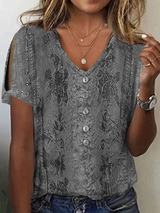 Damen V-Ausschnitt Bluse mit floralen Details und Knopfverschluss EB