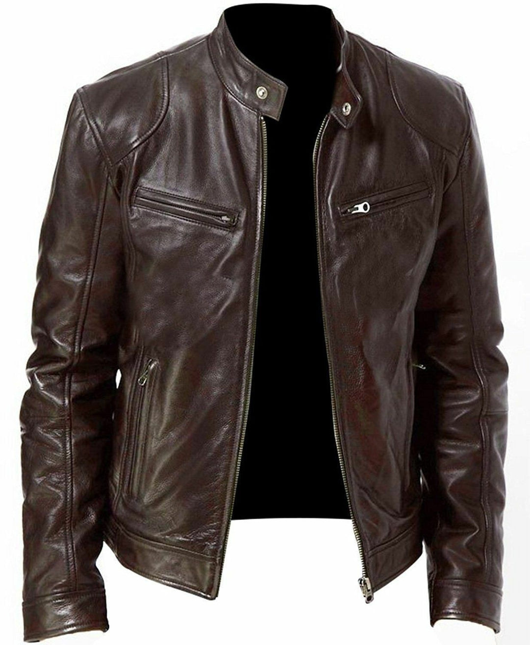 Herren nan vintage-inspirierte Lederjacke im Bikerstil mit Stehkragen und sichtbaren Reißverschlüssen EB